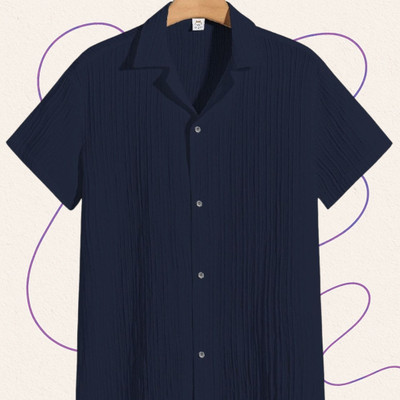 Looksky Men Self Design Casual Dark Blue Shirt