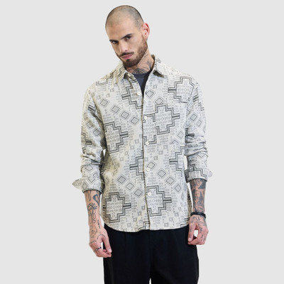 Snitch Men Geometric Print Casual Grey Shirt