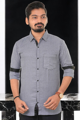 PUBHIZA Men Checkered Casual Dark Blue Shirt