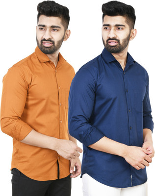 Feel high Men Solid Casual Dark Blue, Brown Shirt(Pack of 2)