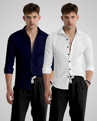 kruze Men Self Design Casual Dark Blue, White Shirt(Pack of 2)