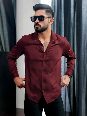 Plus91 Men Self Design Casual Maroon Shirt