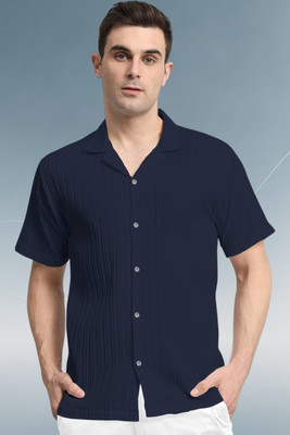 A DEEMOON TREND Men Self Design Casual Dark Blue Shirt