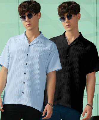 Looksky Men Self Design Casual Dark Green Shirt(Pack of 2)