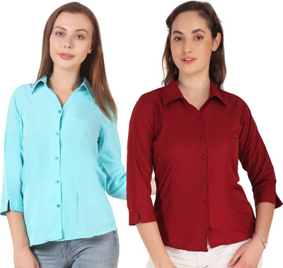 Hunoor Women Solid Casual Red, Light Blue Shirt(Pack of 2)