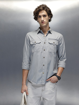 WROGN Men Solid Casual Grey Shirt