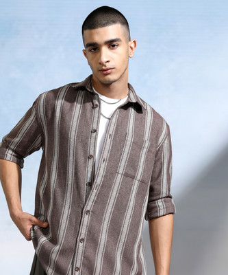 HIGHLANDER Men Striped Casual Brown Shirt