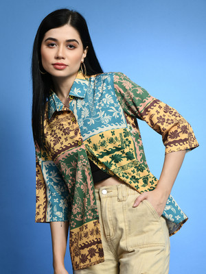 CHARMGAL Women Printed Casual Yellow Shirt