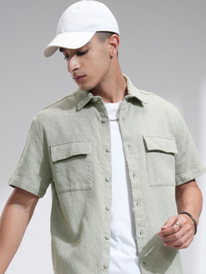HIGHLANDER Men Self Design Casual Light Green Shirt