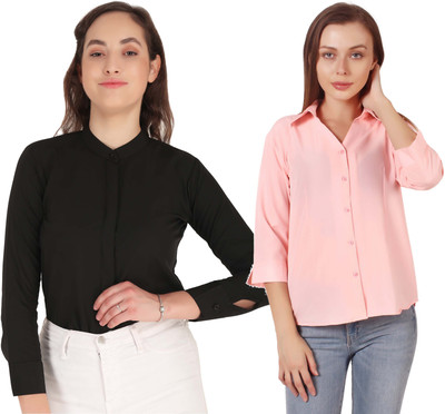 Miranga Women Solid Casual Black, Pink Shirt(Pack of 2)