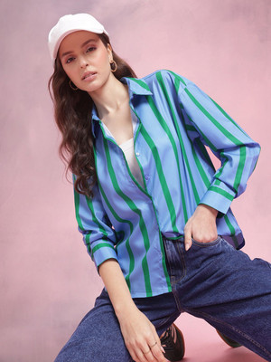 Dressberry Women Striped Casual Blue Shirt
