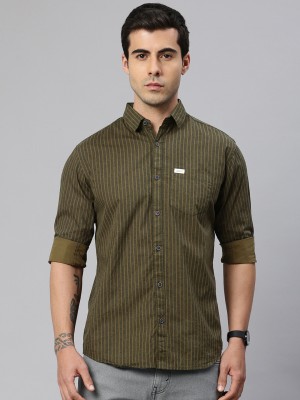 Majestic Man Men Striped Casual Dark Green Shirt