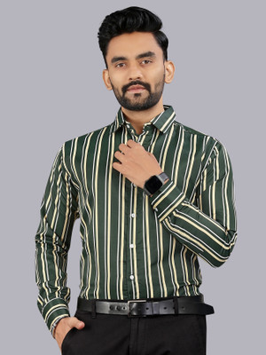 Nat Jastica Men Striped Casual Green, Beige Shirt