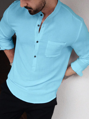 COMBRAIDED Men Solid Straight Kurta(Light Blue)