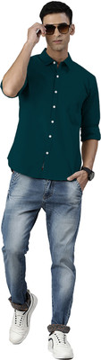Broon Men Solid Casual Dark Green Shirt