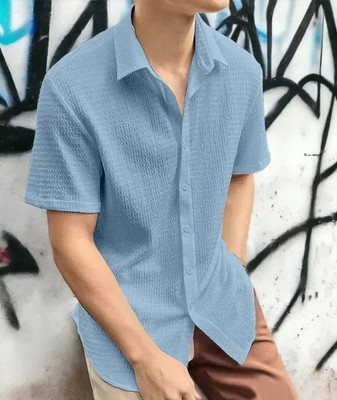 Varni Creation Men Self Design Casual Light Blue Shirt