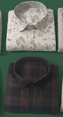 Prime Men Floral Print, Solid Formal White, Grey Shirt