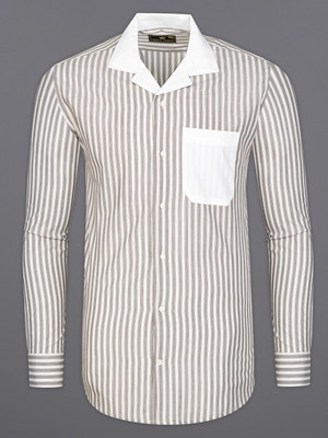 french crown Men Striped Casual Grey, White Shirt