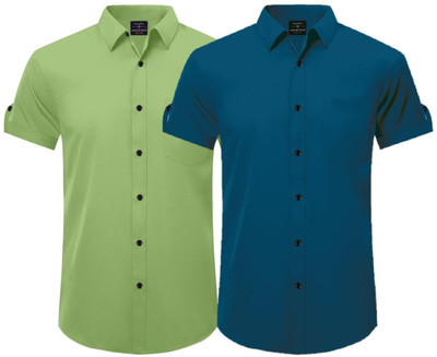 Expofiled Trends Men Solid Casual Blue, Green Shirt(Pack of 2)