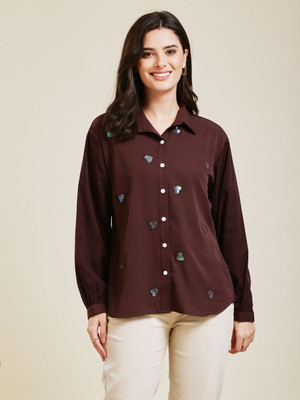 J TURRITOPSIS Women Solid Casual Brown Shirt