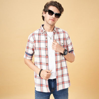 SF Jeans by Pantaloons Men Checkered Casual Orange Shirt