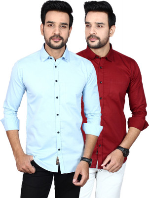 Liza Martin Men Solid Casual Light Blue, Maroon Shirt(Pack of 2)