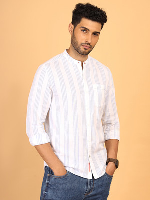 Wrangler Men Striped Casual White, Light Blue Shirt