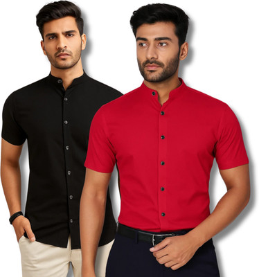 ModeNex Men Solid Casual Black, Red Shirt(Pack of 2)