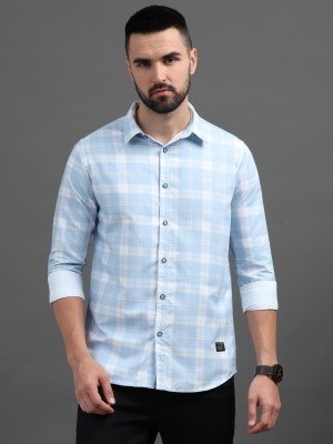 ZHAO Men Checkered Casual Blue Shirt