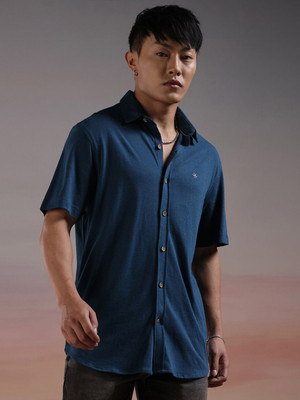 WROGN Men Solid Casual Dark Blue Shirt