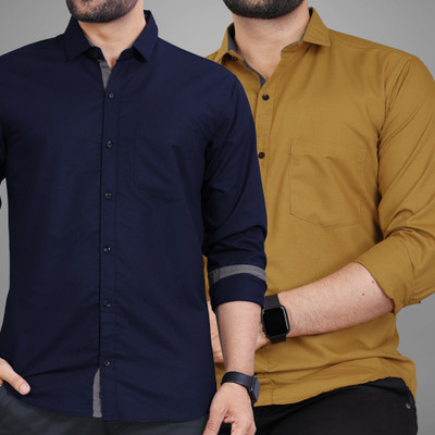 BROWEARS Men Solid Casual Blue, Yellow Shirt(Pack of 2)