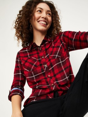 MAX Women Checkered Casual Red, Black, White Shirt