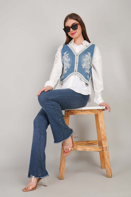 Gul West Women Embroidered Casual White, Blue Shirt