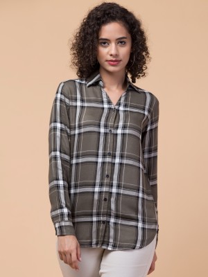 Hive91 Women Checkered Casual Dark Blue, White, Green Shirt