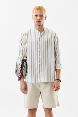 Snitch Men Striped Casual Beige Shirt
