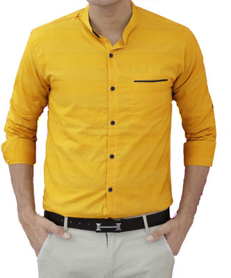 FUBAR Men Solid Casual Yellow Shirt