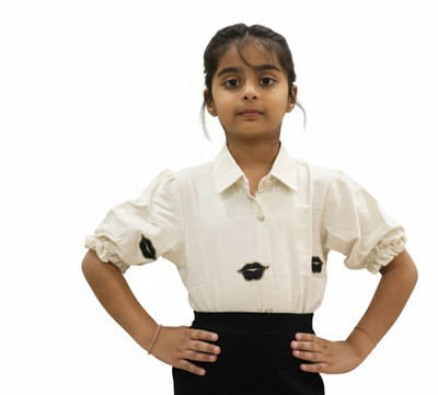 Lil Chic Girls Embroidered Casual Cream Shirt