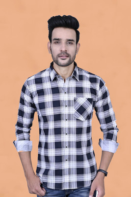 BlackLilly Men Checkered Casual White, Black Shirt