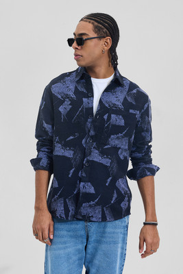 Snitch Men Printed Casual Dark Blue Shirt