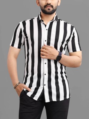 CLUBLAVISH Men Striped Casual White, Black Shirt