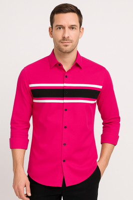 Plum Crazy Men Striped Casual Pink Shirt
