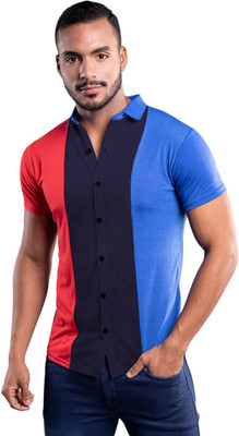 HouseOfCommon Men Self Design Casual Red, Dark Blue, Blue Shirt