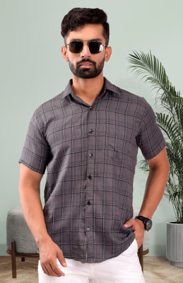 BASE 41 Men Checkered Casual Grey Shirt