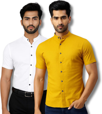 COTTONCHHAP Men Solid Casual White, Yellow Shirt(Pack of 2)