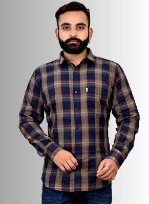 HouseOfCommon Men Checkered Casual Dark Blue, Light Blue, Orange Shirt