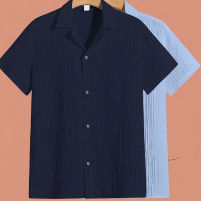 Looksky Men Self Design, Solid Casual Dark Blue, Light Blue Shirt(Pack of 2)
