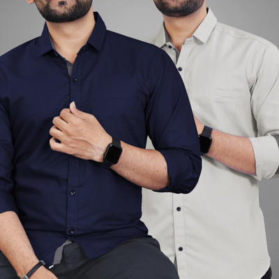 BROWEARS Men Solid Casual Blue, Grey Shirt(Pack of 2)