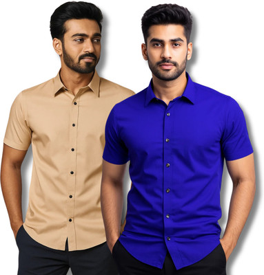 RAREMARK Men Solid Formal Blue, Beige Shirt(Pack of 2)