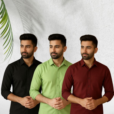 Nextfit Men Solid Casual Black, Maroon, Green Shirt(Pack of 3)