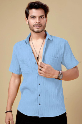 Marmic Fab Men Self Design Casual Blue Shirt